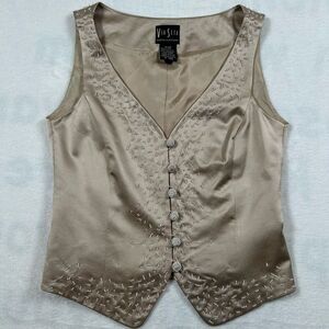 Via Seta Norma Flanagan Silk Beaded Vest Size 4 Champagne Beige
